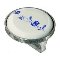 15.348.32.PO01.16 Ручка кнопка керамика сметаллом, синий цветочный орнамент старое серебро 32мм
